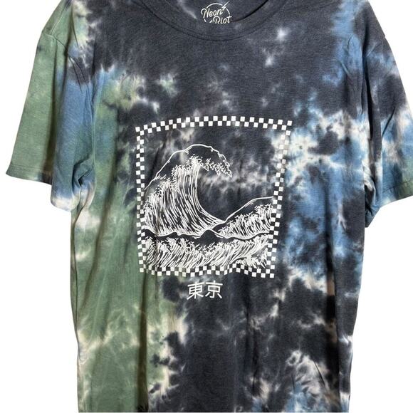 Neon Riot Blue and Green Tie-Dye Short Sleeve Tee with Graphic Design Large - Picture 3 of 7